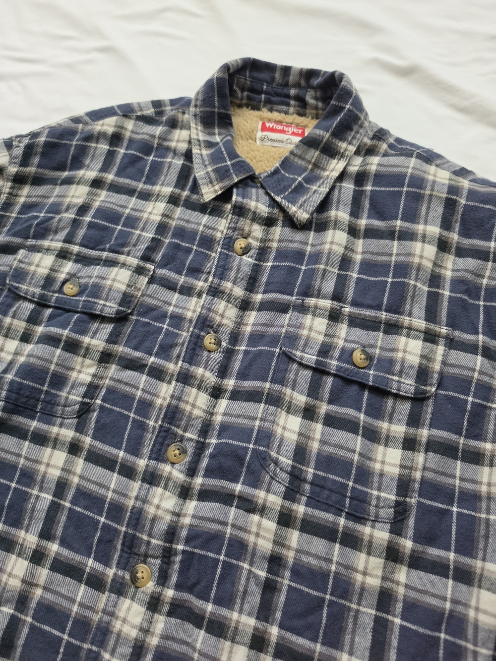 Wrangler Mens Large Sherpa Lined Flannel Shirt Jacket Navy Plaid